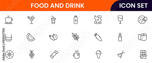 Food and drink web icons in line style. Meal, restaurant, dishes, fruits, fast food, burger, pizza, coffee, sandwich, collection. Vector illustration.