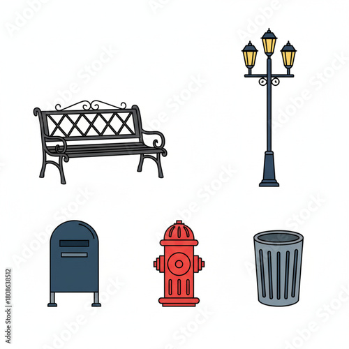 Collection of street furniture and fixtures on a white background