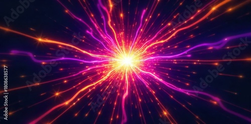 Abstract starburst of vibrant cosmic light trails, swirling and expanding into a dark, ethereal void. An abstract, vibrant starburst of intertwined light trails, swirling outwards from a central point