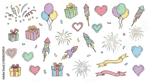 Playful pastel magic-themed doodle collection featuring stars, sparkles, wands, wings, crowns, and whimsical decorative elements in hand-drawn vector style"