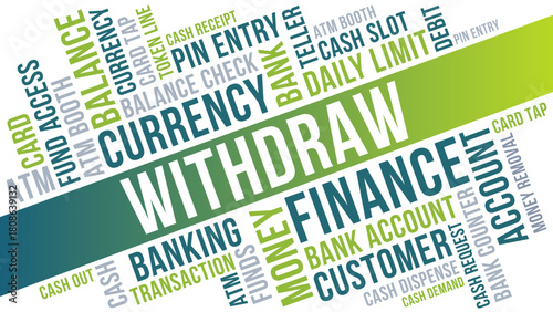 Bank Withdrawal Word Cloud, Finance Banking cash service and currency terms