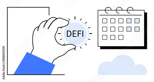 Hand holding DeFi token emphasizing decentralized finance alongside calendar and cloud icon. Ideal for finance, blockchain, economy, technology, future trends, time management, cloud storage. Simple
