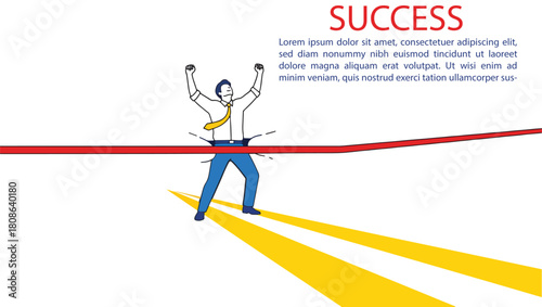 Businessman crossing finish line with arms raised in victory success achievement