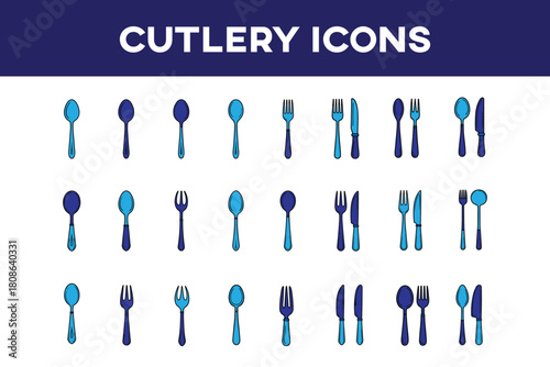 Cutlery set icons. Spoon, fork, and knife dining utensil vector symbols