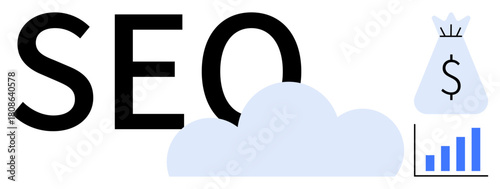 SEO text with cloud graphic, money bag, and bar chart depicting financial growth, investment, and digital marketing. Ideal for business, technology, analytics, finance SEO strategy and success