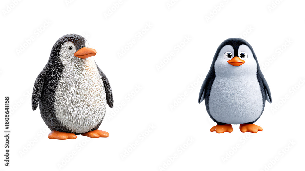 Obraz premium Two charming cartoon penguins with different textures and expressions, standing, isolated on white isolated on transparent background
