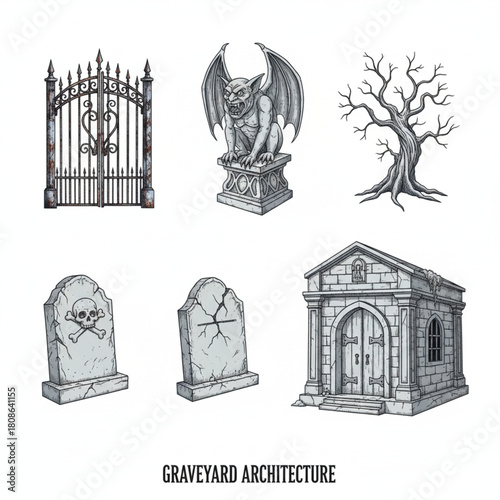 Vintage Halloween Graveyard Architecture Collection with Gothic Tombstones, Gates, and Mausoleum Elements for Spooky Design
