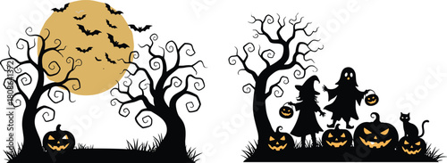 spooky trees, full moon, bats, carved pumpkins, costumes, witch, ghost, black cat, festive trick or treat scene, fantasy silhouette art