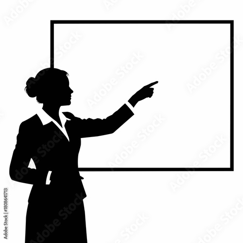 Professional Woman Silhouette Pointing at Blank Whiteboard Presentation.