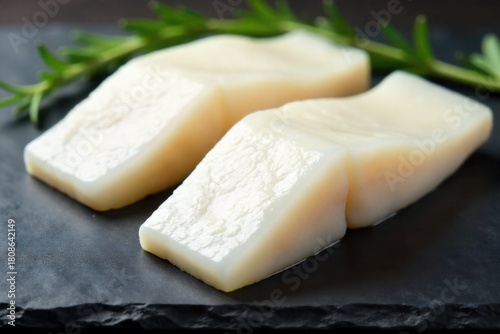 Two Beautiful Fish Fillets with Herbs on a Slate Surface Two perfectly filleted white fish fillets, glistening and appearing moist, are arranged artfully on a dark, textured slate surface. Sprigs of