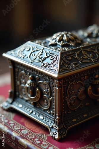 Close up of an antique metal casket with intricate filigree and patina, suggesting age and history. A highly detailed close up of an antique metal casket, possibly wrought iron or brass, showcasing