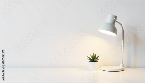 Minimalist Workspace with Organic Elements A straight on shot of a minimalist workspace desk. The desk is made of light colored wood with clean lines. A single, modern monitor, a minimalist desk lamp