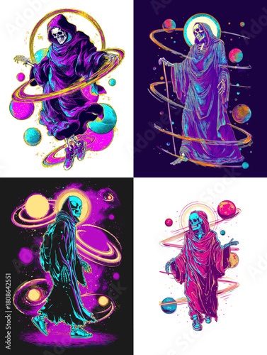 Colorful cosmic grim reaper illustration with orbiting planets and neon lighting, creating a mystical space fantasy artwork blending death symbolism and vibrant futuristic elements.
