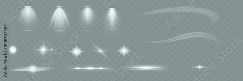 Set of lighting effects effect, beam, sparkle, line, glow, white. Glow abstract isolated curve lens of light effects.