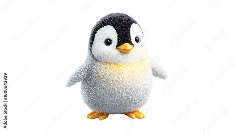 Fototapeta premium Cute fluffy baby penguin chick standing upright, isolated on transparent background