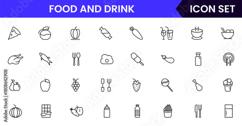 Food and drink web icons in line style. Meal, restaurant, dishes, fruits, fast food, burger, pizza, coffee, sandwich, collection. Vector illustration.