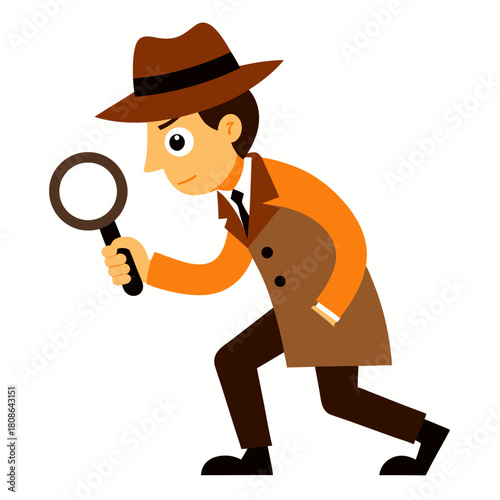 Vintage Cartoon Detective Searching with Magnifying Glass 