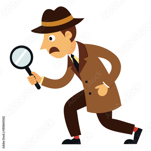 Vintage Cartoon Detective Searching with Magnifying Glass 