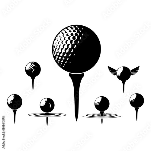  Golfball mit Tee in verschiedenen Varianten pure white background