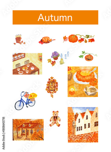 秋をイメージしたイラストの盛り合わせ ステンシル 紅葉 かぼちゃ ブドウ ワイン