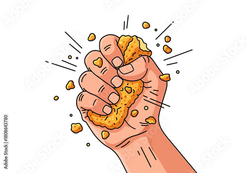 Hand Squeezing Chicken Nugget with Force and Energy.