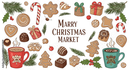 Hand-drawn illustration of a festive Christmas market assortment, featuring gingerbread cookies, hot chocolate, gifts, and holiday greenery.