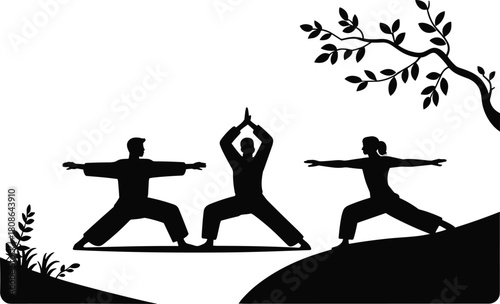 Martial arts and meditation silhouette illustration, cartoon outdoor exercise scene, Tai Chi yoga poses, nature balance concept, wellness clipart, peaceful movement artwork