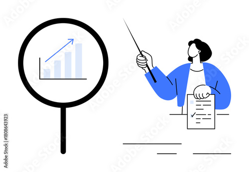 Magnifying glass highlighting a rising bar graph, alongside a professional holding a document and a pointer. Ideal for analytics, business growth, training sessions, strategy, research, education