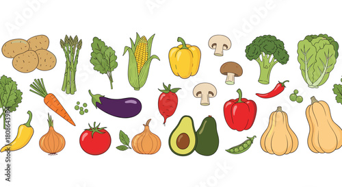 A vibrant collection of fresh, colorful vegetables and a few fruits, including potatoes, asparagus, corn, peppers, and squash, arranged in a seamless pattern.