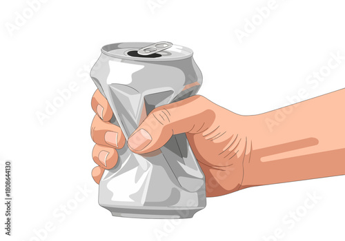 Hand Crushing Aluminum Can for Recycling Concept.