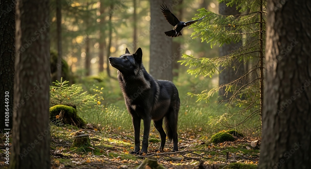 Obraz premium Black Wolf in Forest with Hummingbird Flying Nearby in Natural Sunlight