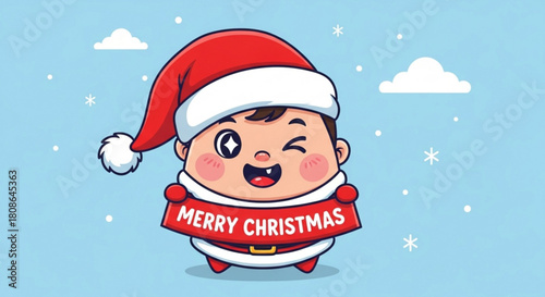 Adorable cartoon baby Santa winking and holding Merry Christmas banner, perfect for holiday greetings, children's books, and joyful seasonal designs