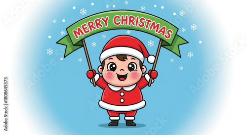 Festive little Santa Claus brings holiday cheer with a Merry Christmas banner, perfect for seasonal greetings and adorable Christmas promotions