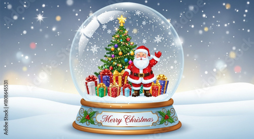 Festive Santa Claus in Snow Globe with Christmas Tree and Gifts, Perfect for Holiday Greetings and Winter Celebrations, originally designed as scalable vector