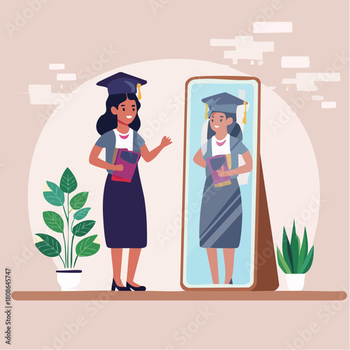 Proud graduate standing confidently in front of a mirror, reflecting on her graduation achievements and future aspirations, holding a book, education success