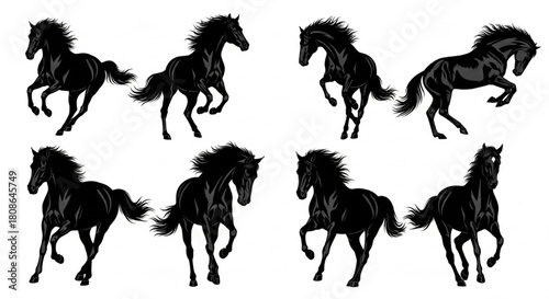 Horse Silhouette Vector Illustration Showing Galloping, Jumping, Turning, and Rearing Poses in Consistent Style

