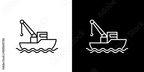 Modern line art icon depicting a shipping vessel equipped with a crane, navigating ocean waves, symbolizing maritime industry, transport, and fishing activities
