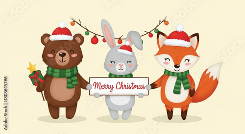 Festive cartoon Christmas animals with holiday cheer: A bear, bunny and fox wearing Santa hats spreading joy and holding a Merry Christmas sign
