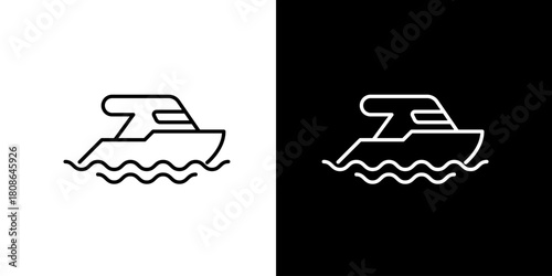 Boat Icon Design Modern Yacht on the Water in Black and White Outline Style Illustration