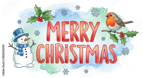 Festive Merry Christmas design with cheerful snowman, robin, holly, and snowflakes, perfect for holiday cards and winter greetings, originally a scalable graphic