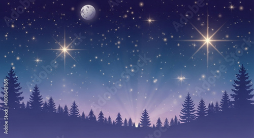 Enchanting night scene with twinkling stars, bright moon, and silhouetted evergreen trees creating a serene and magical winter wonderland landscape