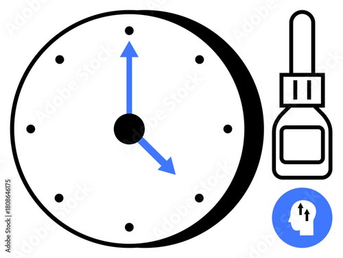 Healthcare reminder concept. Clock and eye drops timely eye care routines. Healthcare adherence and routine medical practices supported. For health apps, medical tools, visual education, personal
