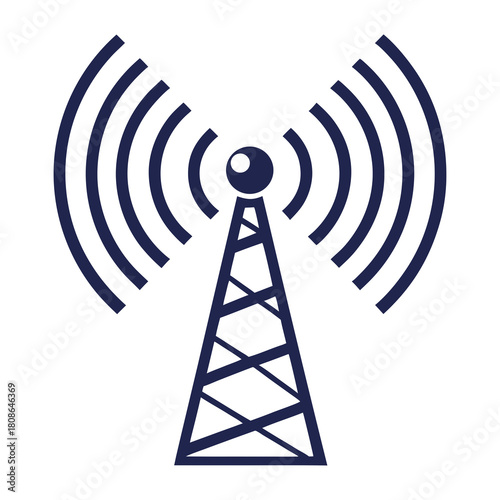 A dark blue vector illustration of a radio antenna tower with radiating waves
