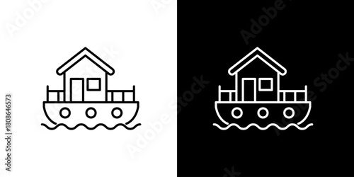 Houseboat line icon vector graphic, a simple floating home and boat house symbol. Editable stroke outline illustration for water transport