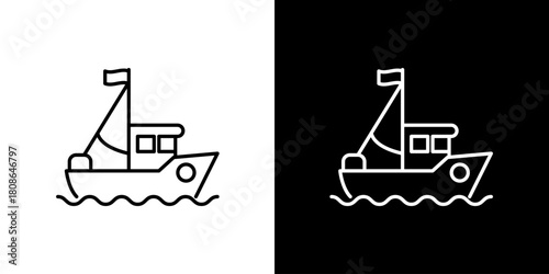 Simple line art fishing boat icon. Minimalist trawler vessel sailing on sea waves, isolated vector symbol for maritime industry