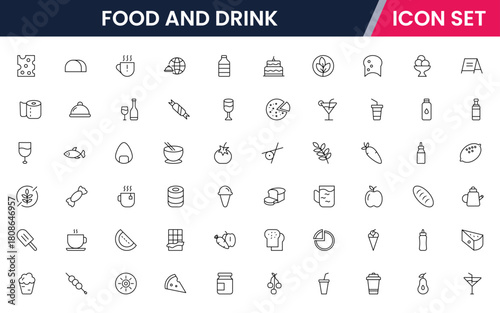 Food and drink web icons in line style. Meal, restaurant, dishes, fruits, fast food, burger, pizza, coffee, sandwich, collection. Vector illustration.