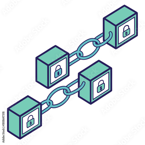 Isometric illustration of interconnected blockchain blocks with security locks