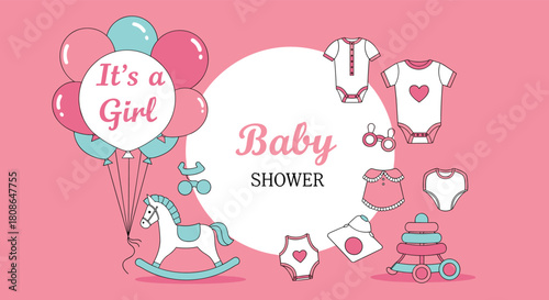Celebrate a sweet baby girl with a charming shower invitation adorned with balloons, adorable baby clothes, and a delightful rocking horse