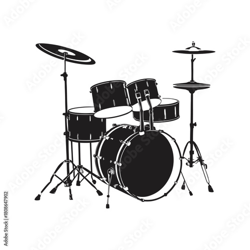 Black and white illustration of a drum set in hand drawn style vector