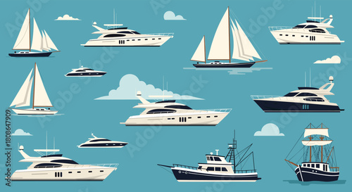 Set sail with this vibrant collection of yachts, sailboats, and fishing boats on a serene blue sea, perfect for adding a touch of nautical elegance
